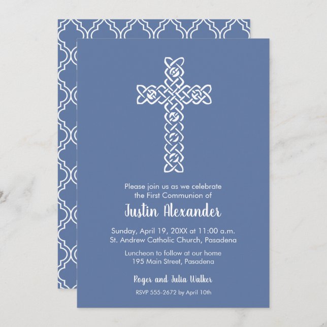 Cross on Blue Grey First Communion Invitations (Front/Back)