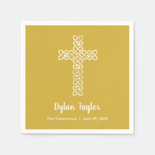 Cross on Bright Gold Communion Baptism Christening Napkin