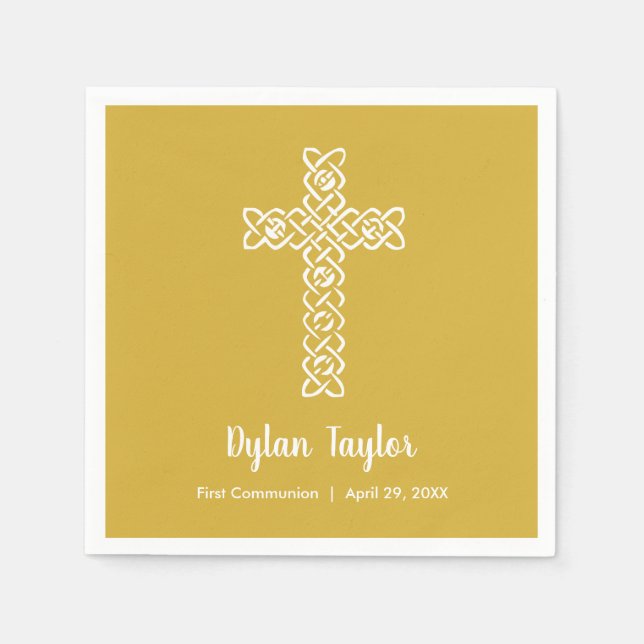 Cross on Bright Gold Communion Baptism Christening Napkin (Front)