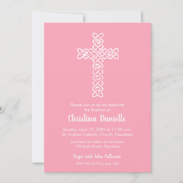 Cross on Flamingo Pink Baptism, Christening Invite (Front)