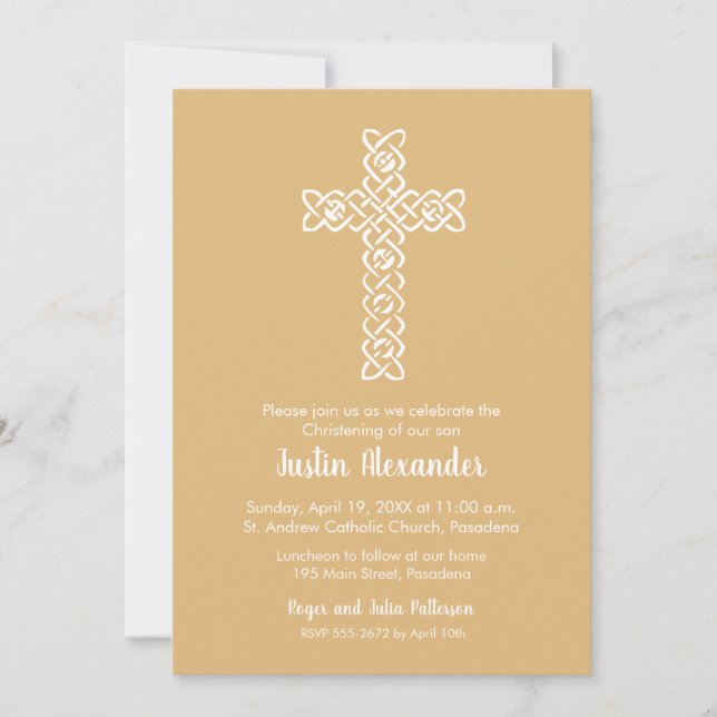 Cross on Gold Baptism, Christening Invites (Front)