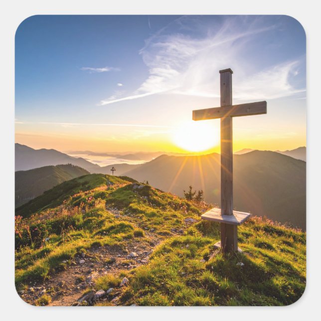 Cross on hill square sticker (Front)