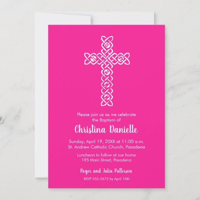 Cross on Hot Pink Baptism, Christening Invitations (Front)
