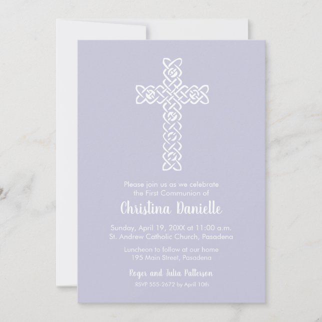 Cross on Lavender First Communion Invitations (Front)