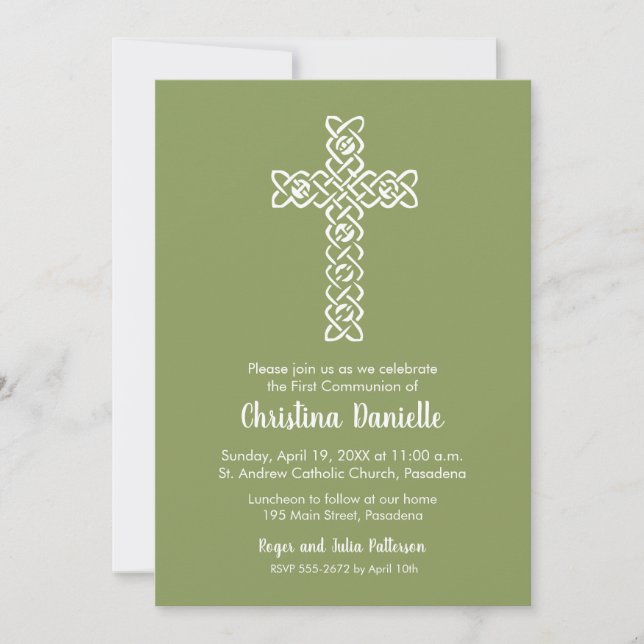 Cross on Moss Green First Communion Invites (Front)
