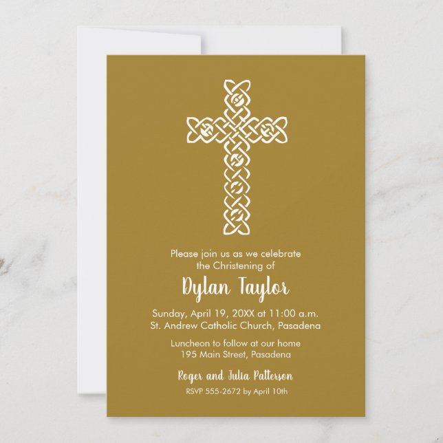Cross on Old Gold Baptism, Christening Invites (Front)