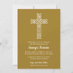 Cross on Old Gold First Communion Invitations