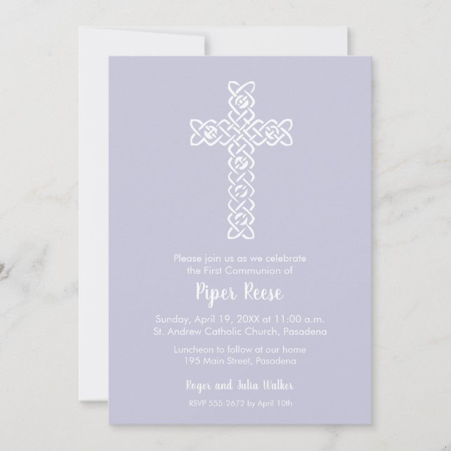 Cross on Pale Lavender Christening Baptism Invite (Front)