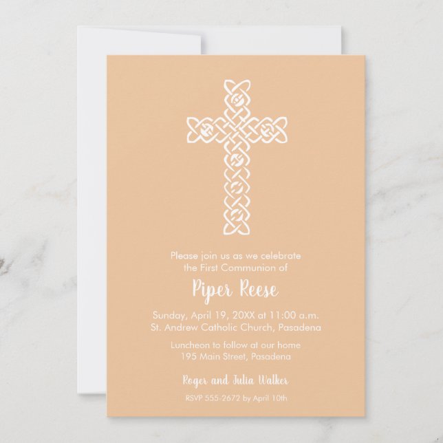 Cross on Peach Baptism, Christening Invitations (Front)