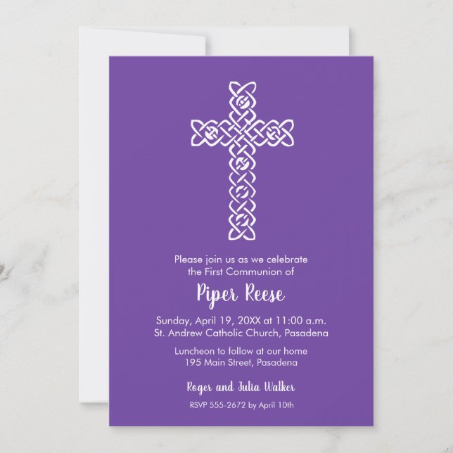 Cross on Royal Purple Baptism, Christening Invites (Front)