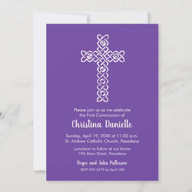 Cross on Royal Purple First Communion Invites (Front)