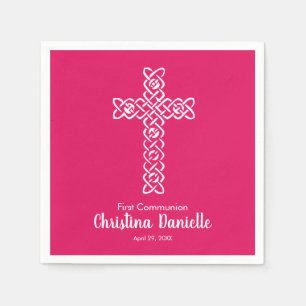 Cross on Ruby Pink Communion Baptism Christening Napkin