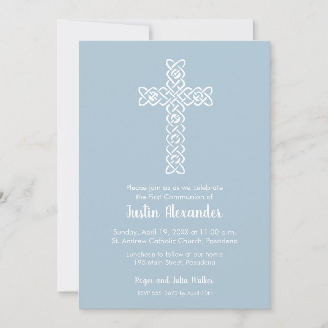Cross on Steel Blue First Communion Invitations (Front)