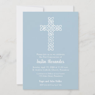 Cross on Steel Blue First Communion Invitations