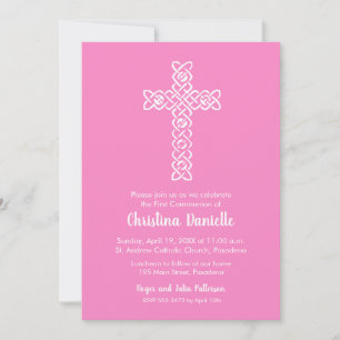 Cross on Taffy Pink First Communion Invitations