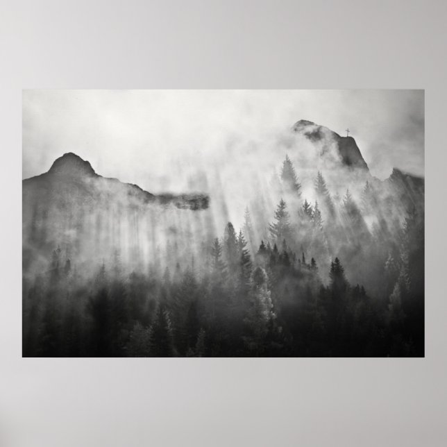 Cross on Top of Foggy Mountains Poster (Front)