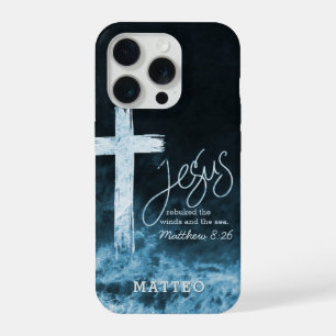 Cross on Water Dark Blue Scripture Personalised iPhone 15 Pro Case