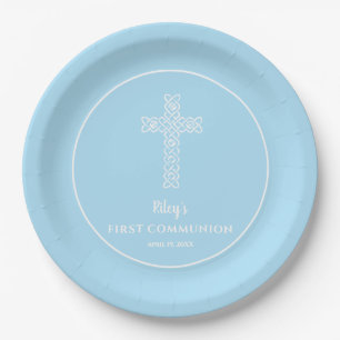Cross Pale Blue Communion Baptism Christening Paper Plate