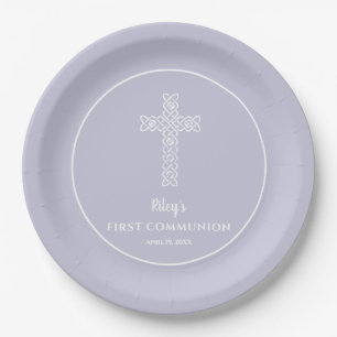 Cross Pale Lavender Communion Baptism Christening Paper Plate