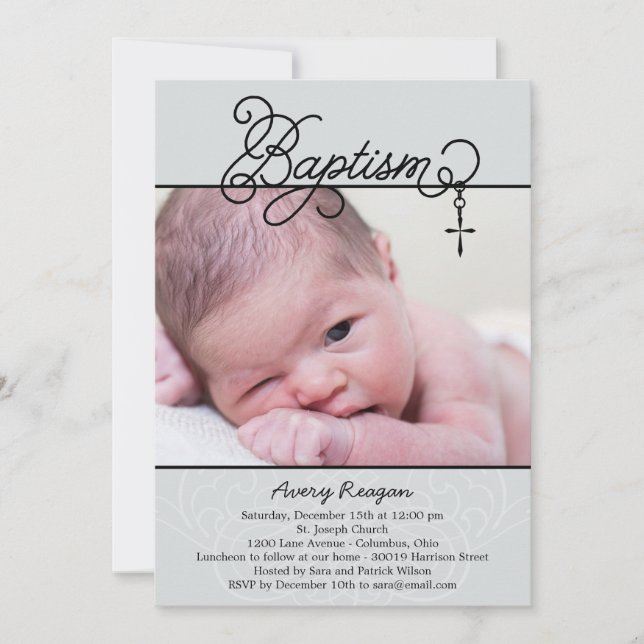 Cross Pendant Photo Baptism Invitation - Black (Front)
