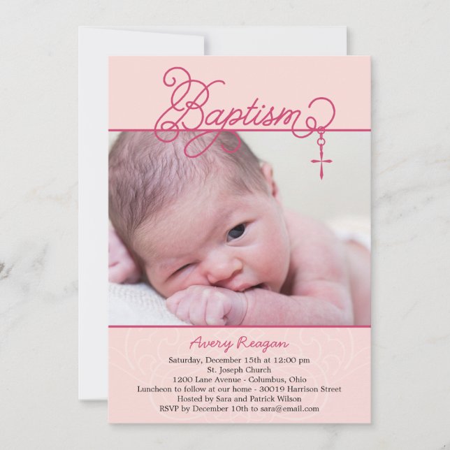 Cross Pendant Photo Baptism Invitation - Pink (Front)