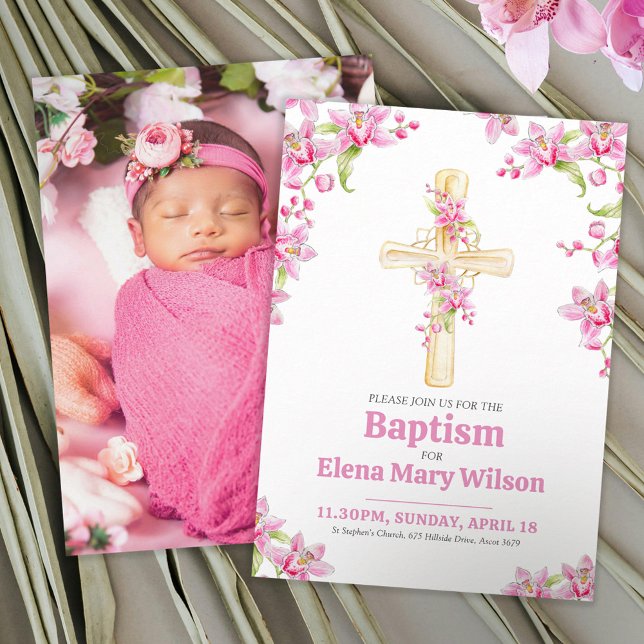 Cross pink orchid floral baptism invitation (Creator Uploaded)