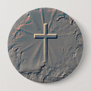 CROSS POPPING OUT FROM ROCK 10 CM ROUND BADGE