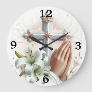 Cross, Praying Hands and Lilies Large Clock