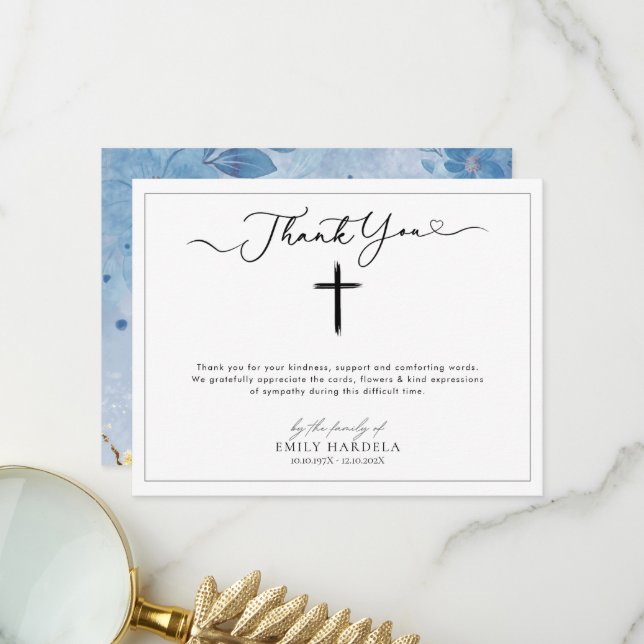 Cross Religious Funeral Thank You Card (Front/Back In Situ)
