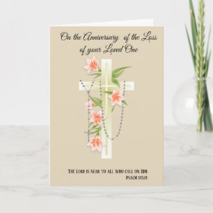 Cross Rosary Flower Anniversary of Death Loved One Card