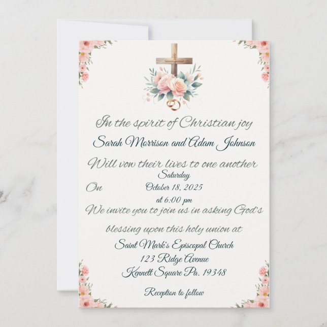 Cross, Roses and Rings Wedding Invitation (Front)