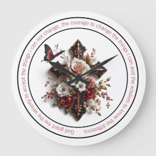 Cross, Roses, Butterfly and Serenity Prayer Large Clock