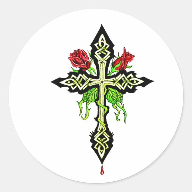 cross-roses- classic round sticker (Front)