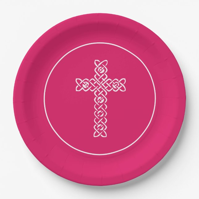 Cross Ruby Pink Communion Baptism Christening Paper Plate (Front)