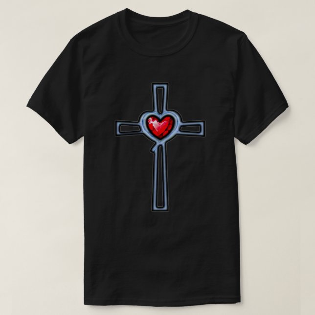 Cross Ruby Red Gemstone Heart T-Shirt (Design Front)