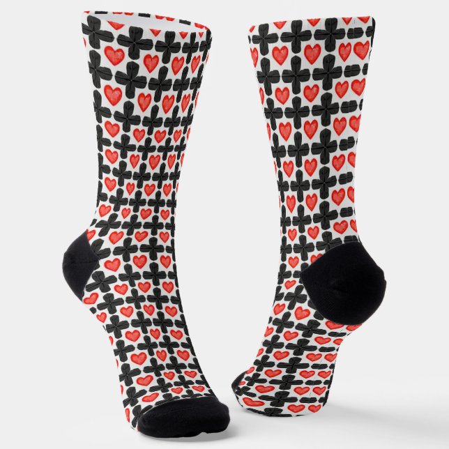 Cross Shaped Checkered Pattern with Red Hearts Socks (Angled)