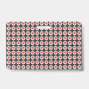 Cross Shaped Chequered Pattern with Red Hearts ID Badge