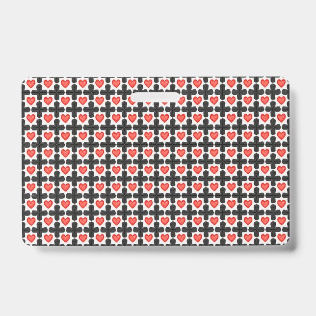 Cross Shaped Chequered Pattern with Red Hearts ID Badge (Front)