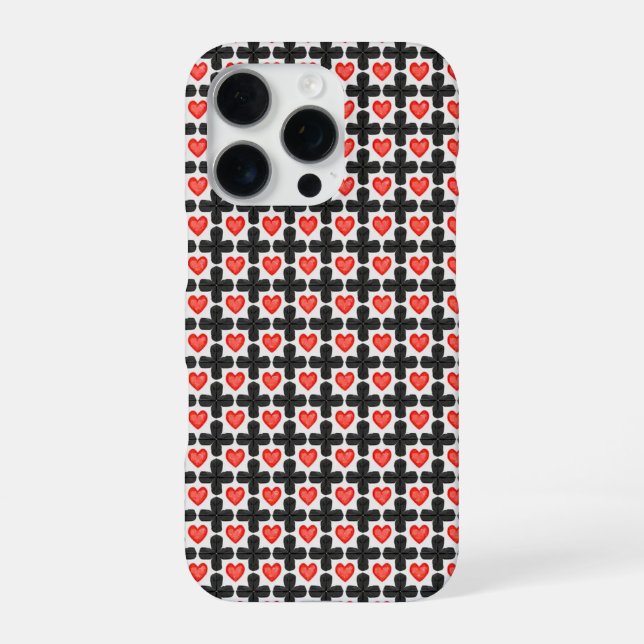 Cross Shaped Chequered Pattern with Red Hearts iPhone Case (Back)