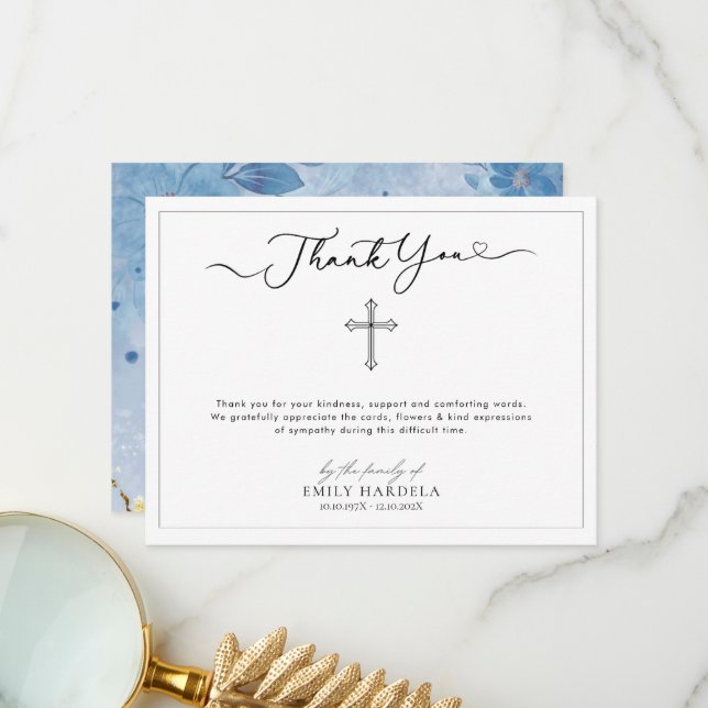 Cross Simple Scrift Funeral Thank You Card (Front/Back In Situ)