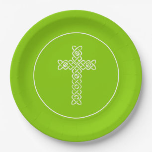 Cross Spring Green Communion Baptism Christening Paper Plate