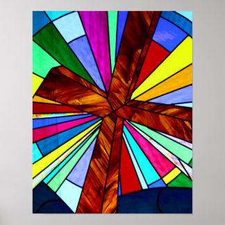 Cross stained glass detail photograph church poster