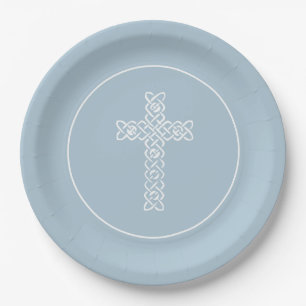 Cross   Steel Blue Communion Baptism Christening Paper Plate