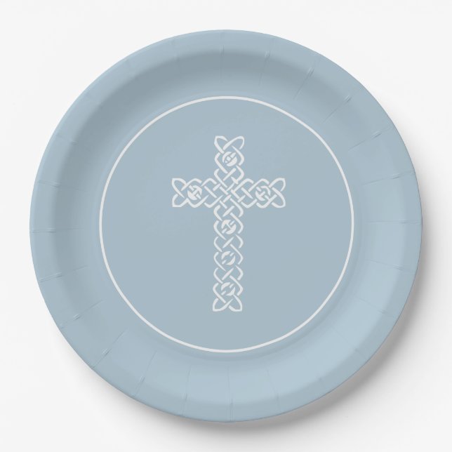 Cross | Steel Blue Communion Baptism Christening Paper Plate (Front)