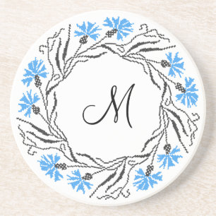 Cross-stitch Cornflower Circle  Monogram Initial Coaster