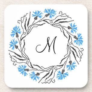 Cross-stitch Cornflower Circle Monogram Initial Coaster