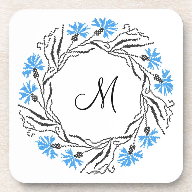 Cross-stitch Cornflower Circle  Monogram Initial Coaster (Front)