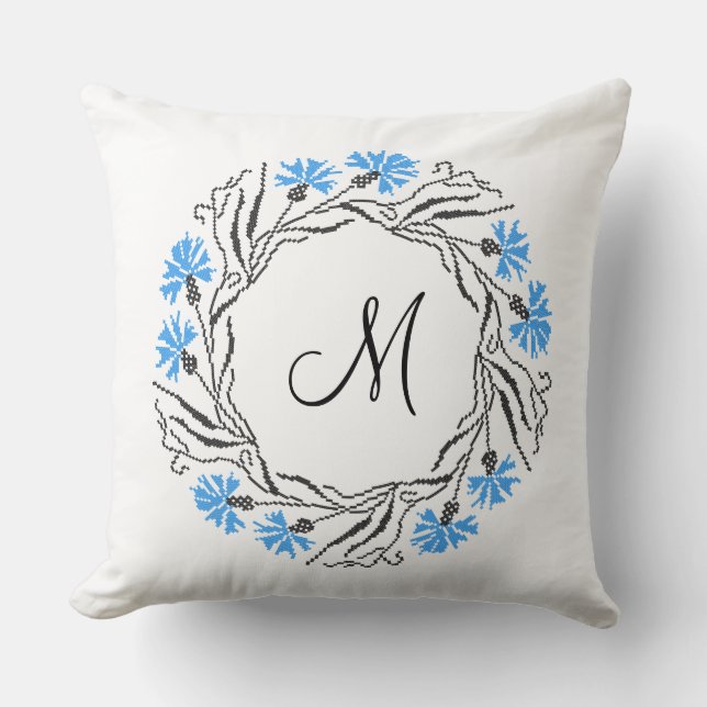 Cross-stitch Cornflower Circle  Monogram Initial Cushion (Front)