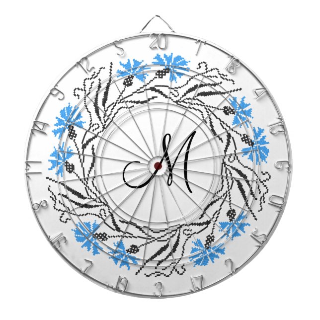 Cross-stitch Cornflower Circle  Monogram Initial Dartboard (Front)