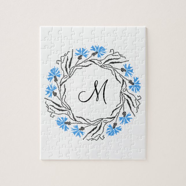Cross-stitch Cornflower Circle  Monogram Initial Jigsaw Puzzle (Vertical)